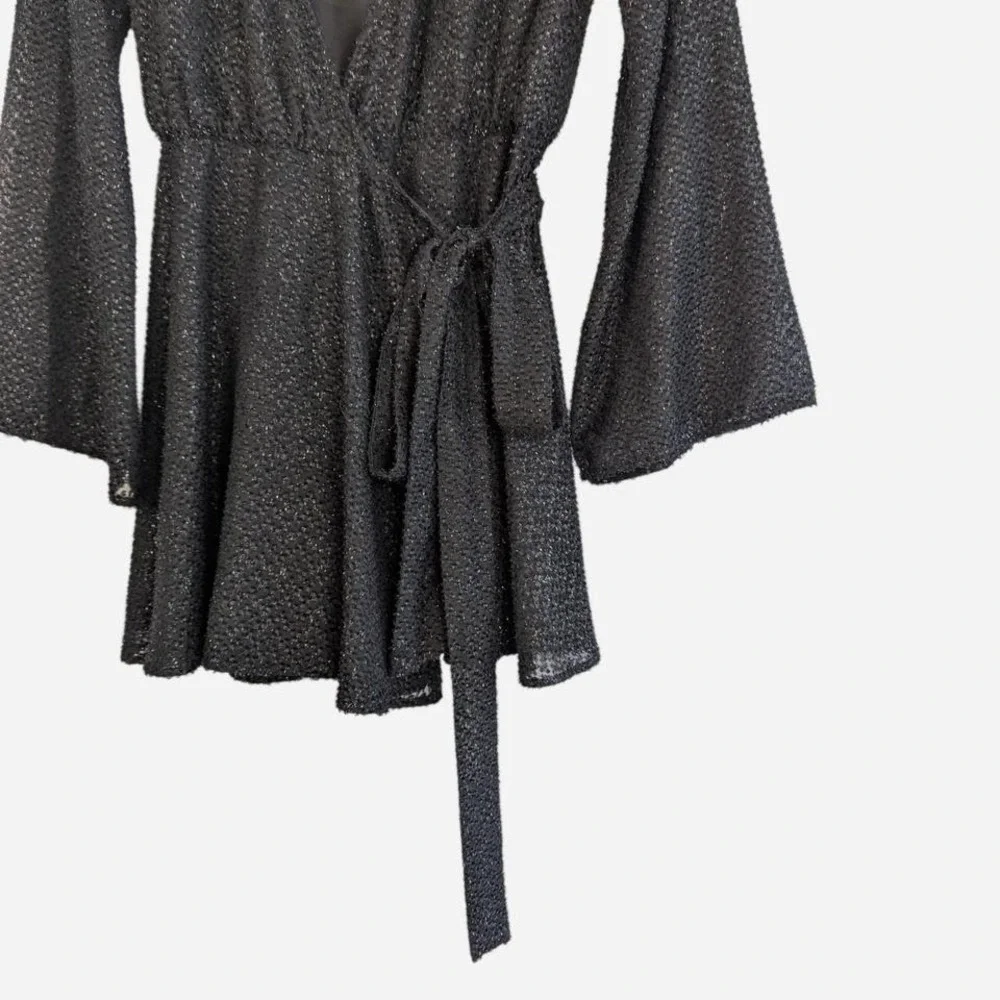 L'Academie The Wrap Mini Dress Black Metallic Eyelash Fringe NWOT Small - Picture 8 of 11